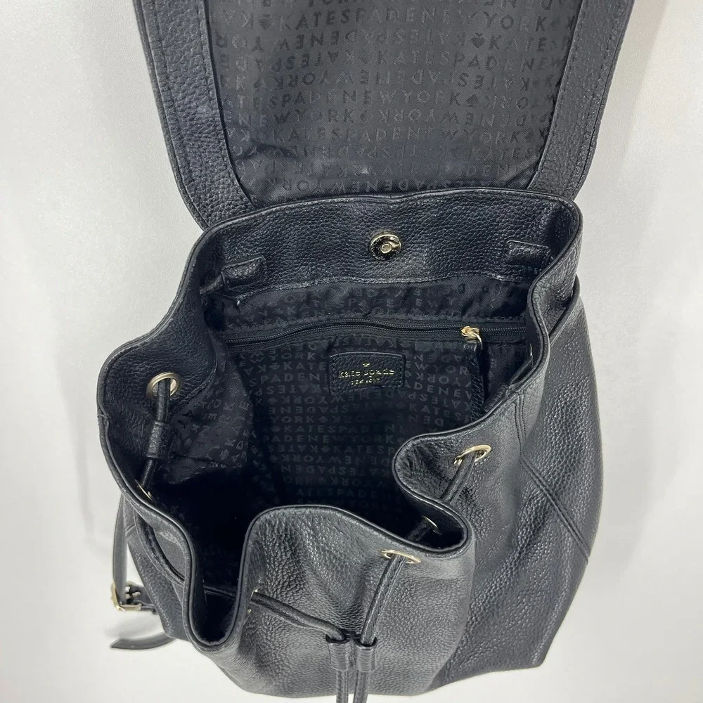 Kate Spade New York Black Pebbled Leather Drawstring Flap Backpack Small
